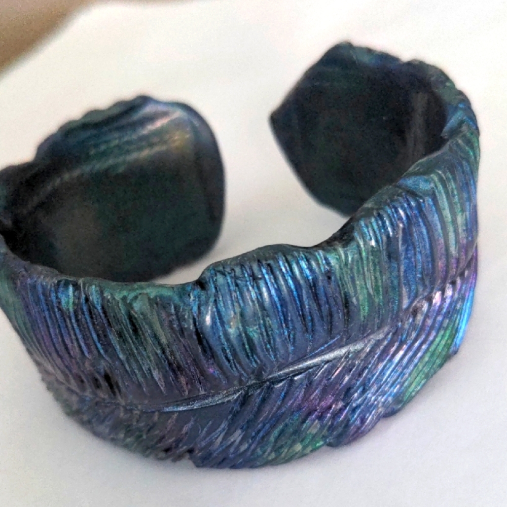 Iridescent Feather Cuff Bracelet, Blue, Green, Purple Raven Wing, New,  Unique
